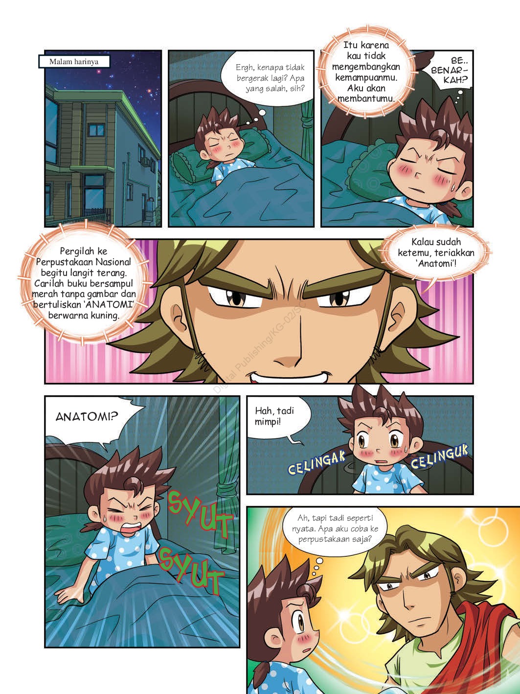 Belajar Anatomi Tanpa Pusing: Review buku Komik Why? Anatomy 2 Halaman panel komik "Why? Anatomy" yang menunjukkan awal cerita. Karakter utama, Komji, sedang bermimpi didatangi sosok pria misterius yang menyuruhnya mencari buku 'Anatomi' bersampul merah di Perpustakaan Nasional saat fajar.