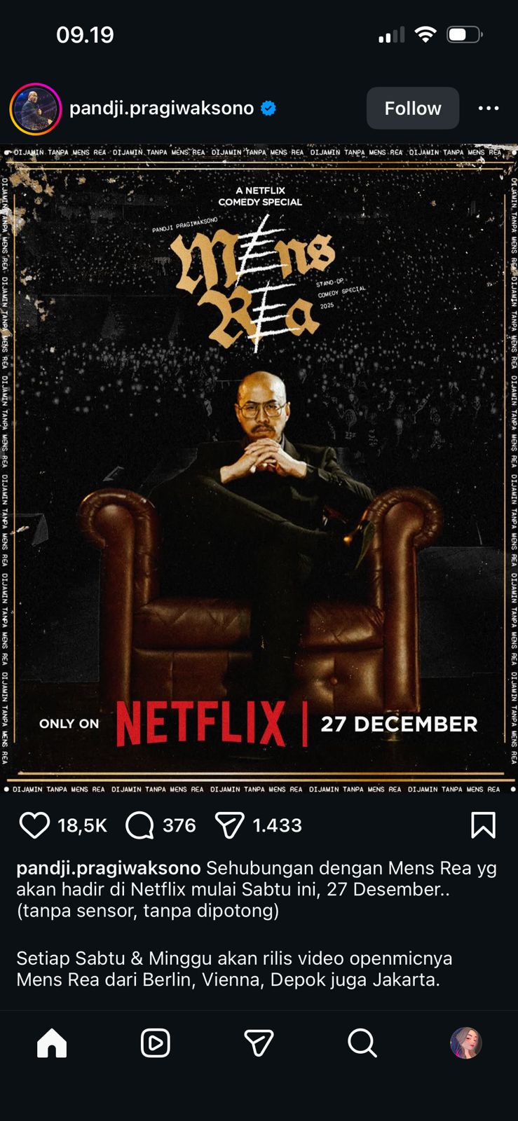 Mens Rea dan Kebebasan Berekspresi: Menakar Batas Hukum dalam Stand-up Comedy Panji Pragiwaksono 1 Poster Mens Rea yang tayang di Netflix (Sumber Foto: Instagram Panji - Netflix)