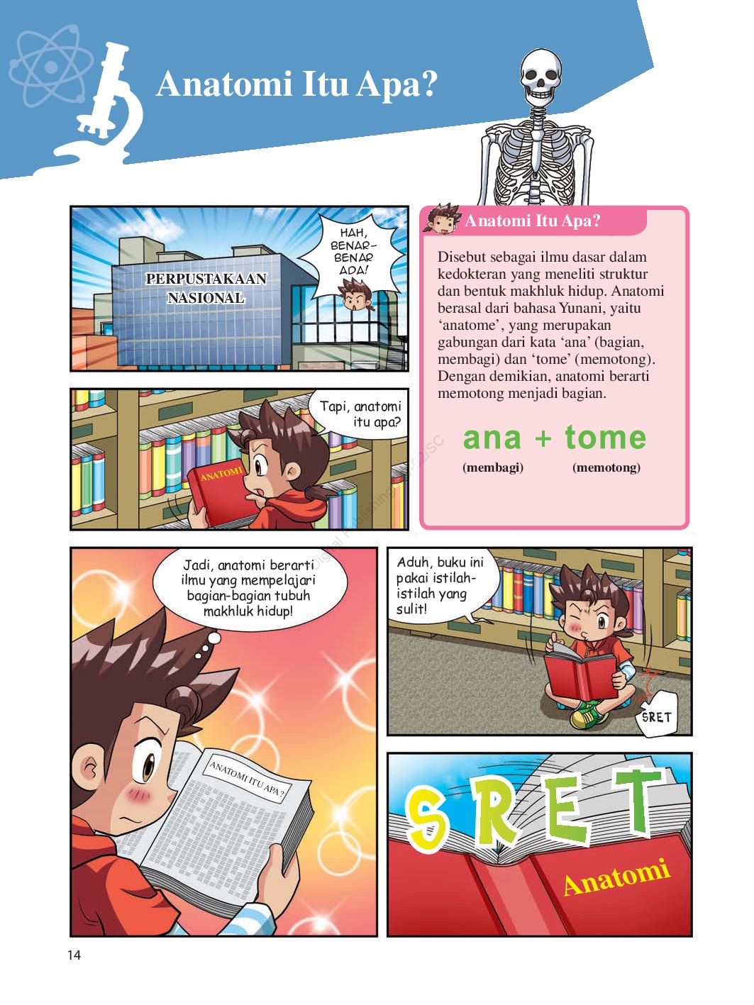 Belajar Anatomi Tanpa Pusing: Review buku Komik Why? Anatomy 3 Halaman panel komik yang menjelaskan definisi dasar "Anatomi". Terlihat karakter Komji menemukan buku merah di Perpustakaan Nasional, disertai kotak teks informatif yang menjelaskan asal kata anatomi dari bahasa Yunani (ana = membagi, tome = memotong) (arsip sEntra)