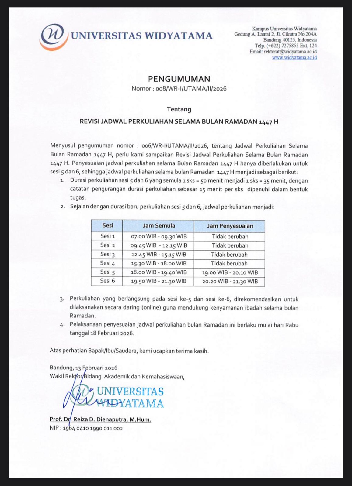 Surat Pengumuman Perubahan Jadwal Masa Bulan Ramadhan